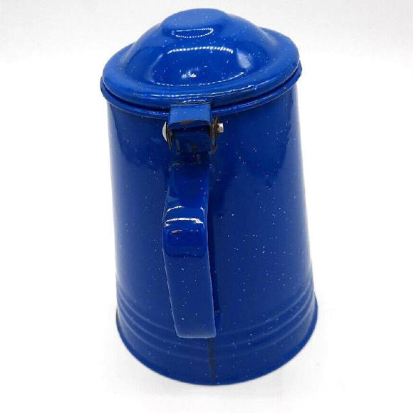 Vintage Tres Mexico Blue Speckled Enamelware Camping Coffee Pot Hinged Lid - Picture 2 of 7